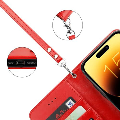 Bocasal Detachable Wallet Case Card Holder for iPhone 15, Red | RFID Blocking Kickstand Card Slots Holder PU Leather Magnetic Shockproof Wrist Strap Removable Flip Protective Cover 6.1 inch - color: Red