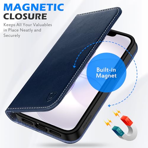 SHIELDON Real Leather Case Wallet for iPhone 17e/16e 6.1", Retro Dark Blue | Magnetic Closure, RFID Blocking, Credit Card Slot, Kickstand, Flip Book Design, Soft Shockproof Phone Cover - color: Retro Dark Blue