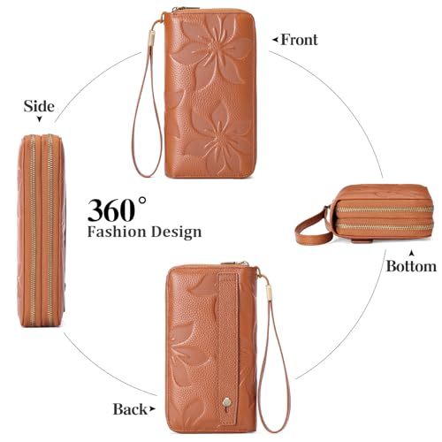 GAEKEAO RFID Leather Wristlet Wallet for Women with Grip Strap | Large capacity clutch wallet, credit card holder, wrist strap, zipper purse, travel and shopping - color: A11 Embossed Brown