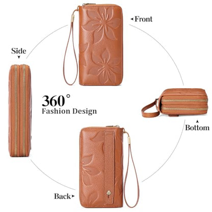 GAEKEAO RFID Leather Wristlet Wallet for Women with Grip Strap | Large capacity clutch wallet, credit card holder, wrist strap, zipper purse, travel and shopping - color: A11 Embossed Brown