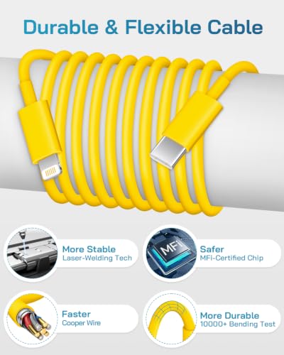 CXX 20W Fast Charger for iPhone 14/13/12 [3-Pack, MFi Certified] - color: Yellow, size: 6FT
