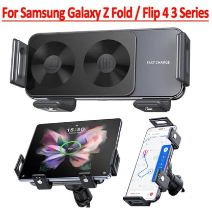 Car Dual Coil Wireless Charger for Samsung Galaxy Z Fold 4 3 2 iPhone 17 16 15 14 13 12 Foldable Phone Holder Fast Car Charging Station (Black) - color: black