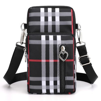 Small Crossbody Bag for Women, Multi Zip Pockets Nylon Wallet Purse Credit Card Holder with Detachable Hand Strap - color: Black Grid