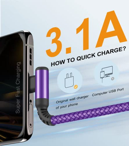 USB to USB C Cable Right Angle 3.1A Fast Charger Carplay 2Pack 3.3ft Purple - color: purple, size: 3.3ft+3.3ft