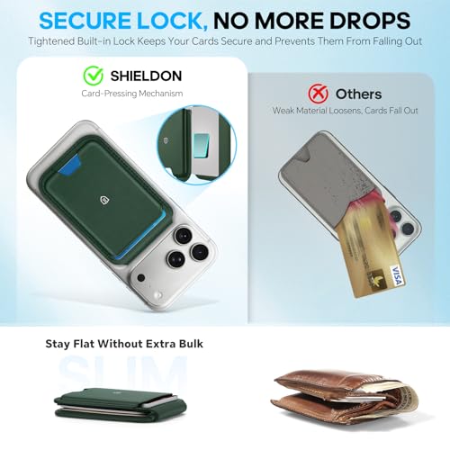 SHIELDON Genuine Leather Magnetic Wallet Stand for MagSafe, Evergreen | Strong Magnetic, 6 Card Holders, Kickstand, Rfid Blocking, Quick-access, ID Window, for iPhone 17/16/15/14/13/12 Series - color: Evergreen