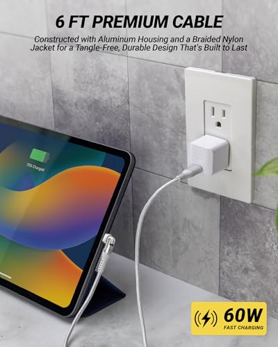 Scosche PowerPivot 60W USB-C to USB-C Cable, 6FT Fast Charging Braided USB C Charger Cord with 360° Rotating & Pivoting Connector Compatible with iPhone 17/16, iPad, Galaxy, MacBook & More, White