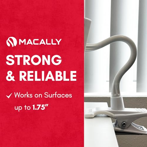 Macally Clip On Tablet Holder | Gooseneck iPad Holder for Bed, Stroller, Airplane, Desk (Universal Tablet Compatibility) Strong and Secure iPad Arm Mount, Tablet Clamp Mount, Kindle Holder - color: White