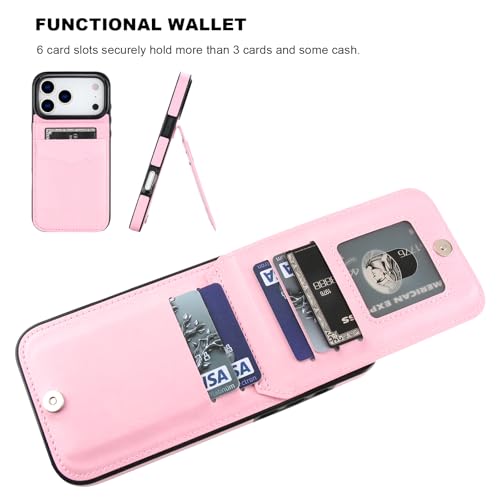 KIHUWEY for iPhone 17 Pro Max Wallet Case Card Holder Kickstand, Pink | Credit Card Slots, PU Leather, Magnetic Clasp, Flip Heavy Duty Protection Cover for Men - color: Pink