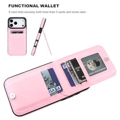 KIHUWEY for iPhone 17 Pro Max Wallet Case Card Holder Kickstand, Pink | Credit Card Slots, PU Leather, Magnetic Clasp, Flip Heavy Duty Protection Cover for Men - color: Pink