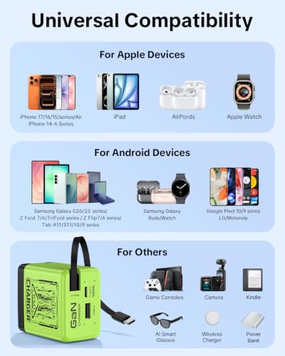 W & O Retractable Phone Charger with USB C Cable for iPhone17/16/15 - color: Green