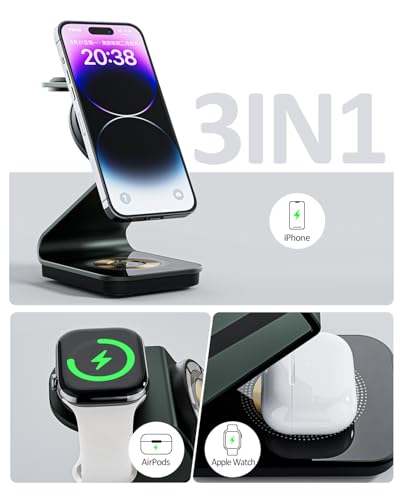 Wireless Cell Phone Charger Station 3 in 1, Magnetic Wireless Fast Phone Charger Dock Stand for iPhone 16/15/14/13/12/Apple Watch/AirPods Pro, 15W USB-C iPhone Wireless Charger, Black