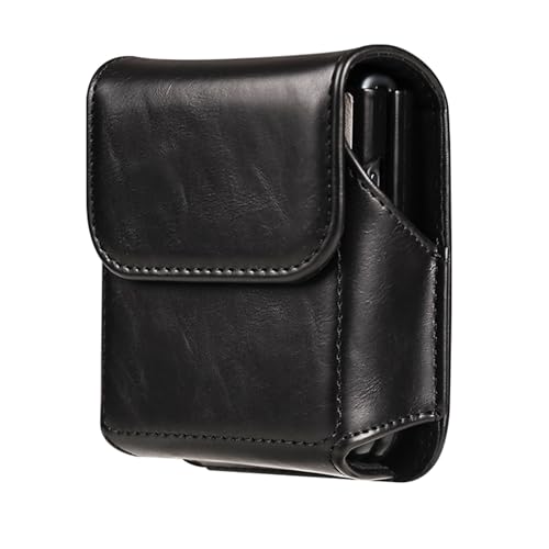 Waist Bag Leather Black for Galaxy Z Flip 8/7/6/5/4/3, Folding Phone Pouch Wear Belt Clip Pack Leather Case with Belt Loop Compatible with Motorola RAZR 5G/RAZR 70 60 50 40 Ultra/RAZR Plus - color: Black