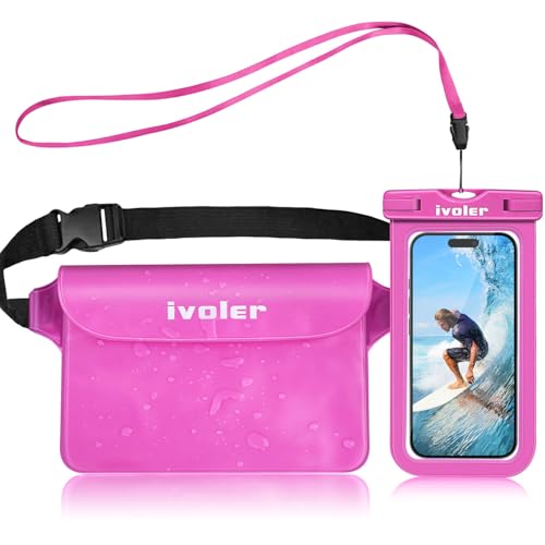 ivoler 2-Pack Waterproof Fanny Pack & Phone Pouch, Dry Bag for Passport, Phone & Wallet, Floating Waterproof Phone Case for Beach, Swimming, Kayaking, Boating, Cruise Essentials & Travel Pink | Swimming & Travel, Long Adjustable Waist Strap, IPX8 Dry Case