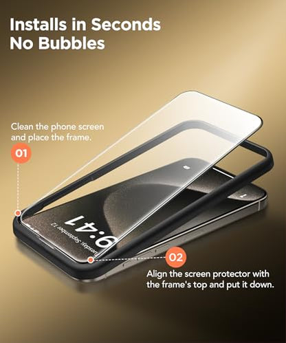 GONEZ 3-Pack Screen Protector for iPhone 15 Pro Max [6.7”] + 3-Pack Camera Lens Protector with Installation Frame, Sensor Protection, Compatible with Dynamic Island, Case Friendly Tempered Glass Film