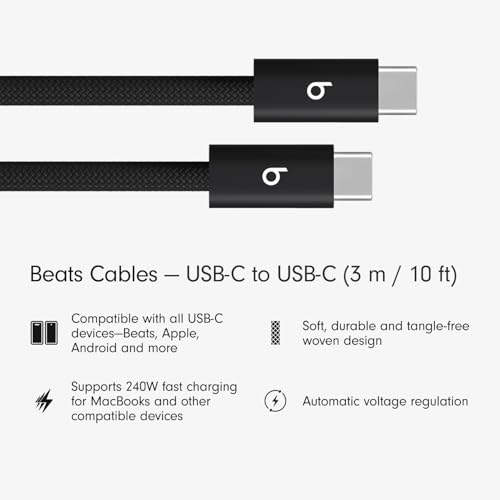 Beats 240W USB-C to USB-C Braided Cable, Fast Charging, Durable/Tangle Free, Compatible with Apple and Android Devices (3 m/10 ft) – Bolt Black - color: Bolt Black, size: 10 ft, style: USB-C to USB-C