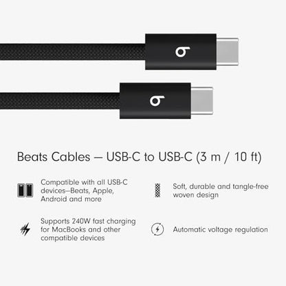 Beats 240W USB-C to USB-C Braided Cable, Fast Charging, Durable/Tangle Free, Compatible with Apple and Android Devices (3 m/10 ft) – Bolt Black - color: Bolt Black, size: 10 ft, style: USB-C to USB-C