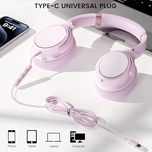 USB C Wired Over-Ear Headphones with Microphone - color: New Icy Pink