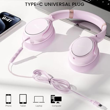 USB C Wired Over-Ear Headphones with Microphone - color: New Icy Pink