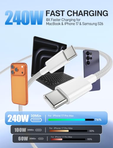 240W Braided USB C to USB C Cable, 6Ft+10Ft - color: White, size: 2P-6+10FT