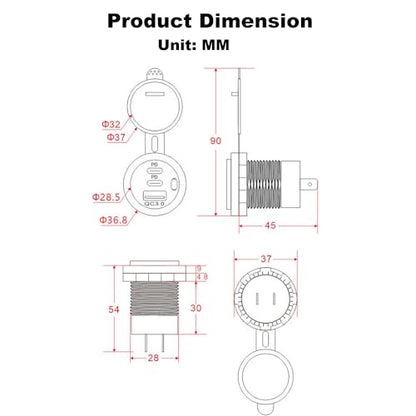3 Ports 18W USB Car Charger with Switch, 12-24V QC 3.0 USB & Dual PD USB C Cigarette Lighter Socket Outlet, Dashboard Mount Quick Charger for Car Motorcycle Truck Marine Boat, Red Light - color: Red Light