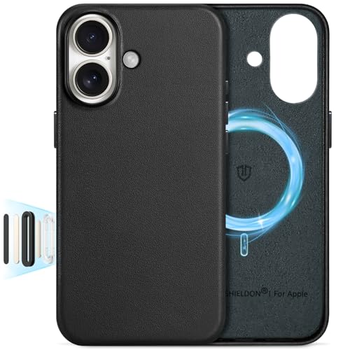 SHIELDON Genuine Leather Case for iPhone 17 6.3" 2025, Nappa Black | for MagSafe, Magnetic Wireless Charging, Camera Button, Metal Buttons, Camera Bezel, Non-Slip, Shockproof, Anti-Scratch, Slim - color: Black, size: for iPhone 17