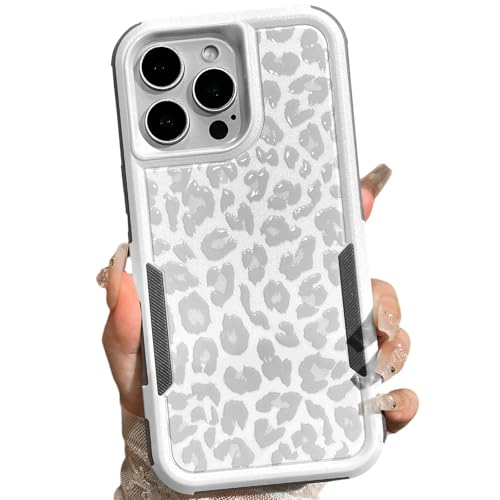 Cute White Leopard Light Gray Cheetah Case for iPhone 16 Pro Max | Heavy Duty Tough Rugged Full body Protection Shockproof Protective Phone Case for Women Girls - color: iPhone 16 Pro Max