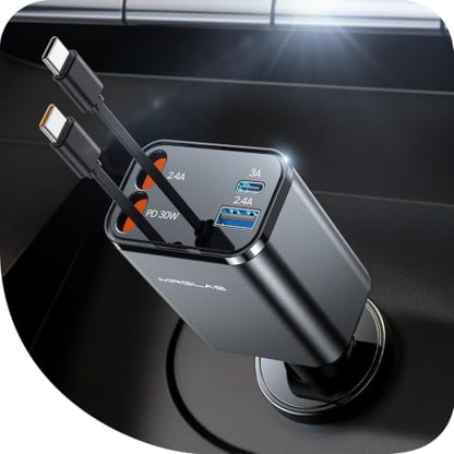 Retractable Car Charger for iPhone 18, 69W 4 in 1 USB C Car Charger