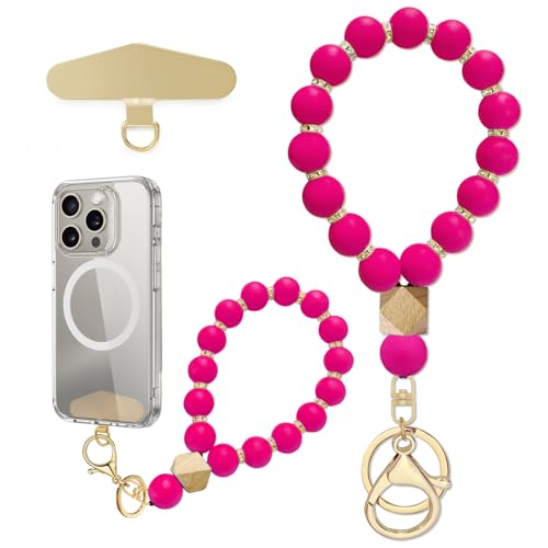 Silicone Beaded Phone Wrist Strap, Phone Bracelet Strap with Tether Tab Elastic Hands Free Wristlet Strap - color: Rose Red