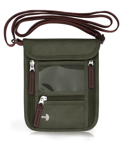 WALNEW Passport Holder Neck Pouch Travel Wallet for Women and Men, RFID Blocking Security Slim Traveling Wallet with Around Neck Lanyard Strap, Army Green - color: Army Green