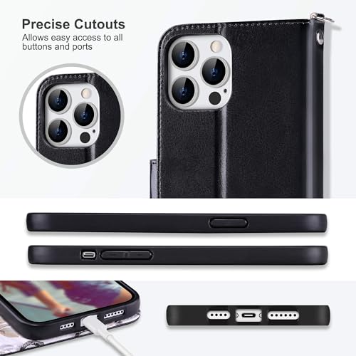 ULAK Compatible with iPhone 15 Pro Wallet Case with Card Holder, Black | Flip PU Leather Kickstand RFID Blocking Design Cover Wrist Strap Shockproof Phone Case for iPhone 15 Pro 6.1 inch - color: Black, size: iPhone 15 Pro - 6.1 inch