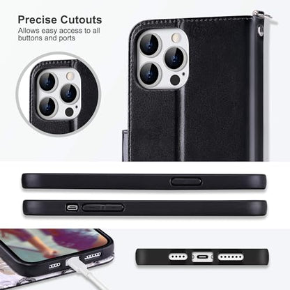 ULAK Compatible with iPhone 15 Pro Wallet Case with Card Holder, Black | Flip PU Leather Kickstand RFID Blocking Design Cover Wrist Strap Shockproof Phone Case for iPhone 15 Pro 6.1 inch - color: Black, size: iPhone 15 Pro - 6.1 inch