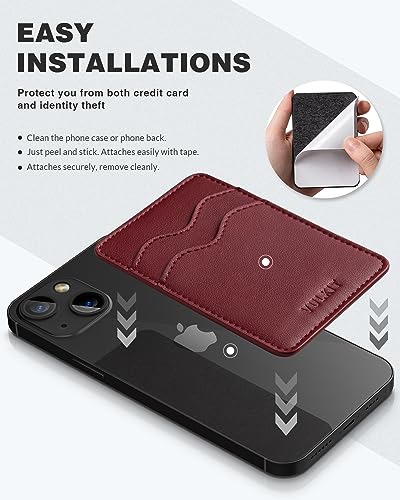 VULKIT Stick on Card Holder Compatible for iphone Leather Cell Phone Wallet Credit Card Case Strong Sticker for Women - color: Wine