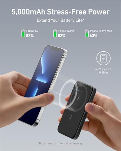 Anker 621 Magnetic Portable Charger (MagGo), 5,000mAh Wireless Power Bank with USB-C Cable, Magsafe-Compatible Battery Pack for iPhone 16/15/14/13/12 Series