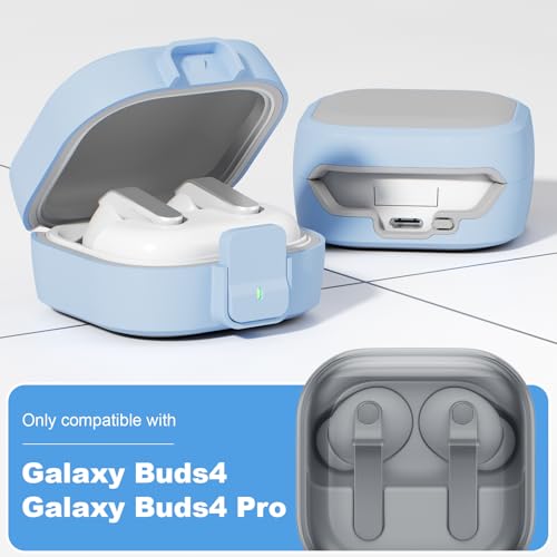 for Samsung Galaxy Buds 4 Pro/Buds 4 Case (2026) with Secure Safety Lock Clip,Shockproof Scratch-Resistant Hybrid PC+TPU Soft Shell Protective Cover Accessories with Carabiner&Cleaning Pen(Light Blue) - color: Light Blue Edge-Grey