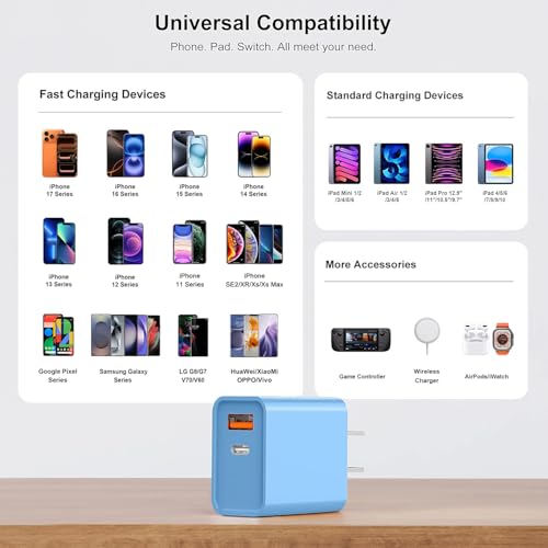 3 Pack USB C Cube Wall Charger, 20W Durable Dual Port QC+PD 3.0 ETL Certified Power Adapter, Fast Charging Block for iPhone 14/15/16/17 Pro/Pro Max/Plus, iPad Pro (Blue) - color: Light Blue