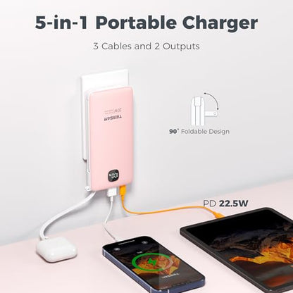 TESSAN Portable Charger with Built in Cables, 10000mAh Power Bank Wall Plug - color: Pink