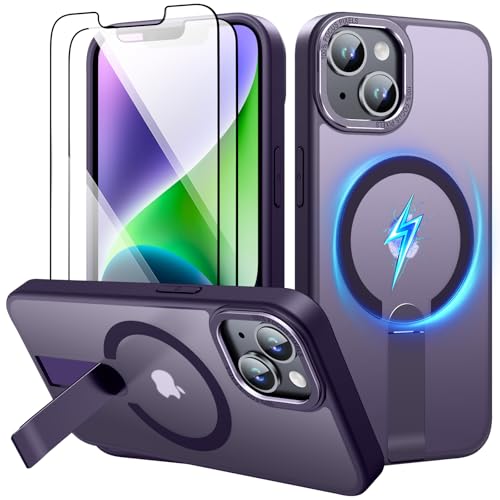 Magnetic for iPhone 13 Case/iPhone 14 Case, with 2 HD Screen Protectors, Compatible with MagSafe for i Phone 14 Case, Adjustable Stand, Matte Translucent Slim Funda para iPhone 13/14, Purple - color: Purple, size: iPhone 13/14 6.1"