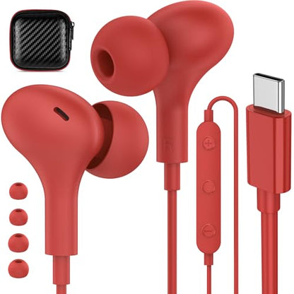 USB C Headphones for iPhone 18 Pro Max 17 16 15/Galaxy S26 FE Wired Earbuds - color: Red