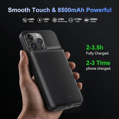 Battery Case for iPhone 14 Pro Max/14 Plus/13 Pro Max/12 Pro Max, Rechargeable Case Charger Soft TPU Anti-Slip Slim 8500mAh 15W Fast Charging Juice Box for 12/13/14 Pro Max/14 Plus 6.7inch-Black
