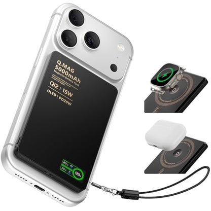 Portable Charger for Apple Watch & iPhone 17/16/15/14, 5000mAh 15W Fast Wireless Magnetic Power Bank with Built-in USB-C Cable, Ultra Slim 3-in-1 Mag-Safe Battery Pack with Smart LCD Display (Black) - color: Black