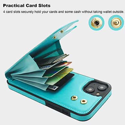 Folosu Compatible with iPhone 14 Plus Case Wallet with Card Holder, 360°Rotation Finger Ring Holder Kickstand, RFID Blocking Leather Protective Double Buttons Shockproof Cover 6.7 Inch Green - color: Mint Green, size: iPhone 14 Plus