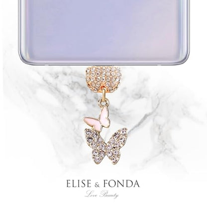 ELISE & FONDA TP273 Type-C USB Charging Port Crystal Anti Dust Plug Little Double Butterflies Cell Phone Charm for Samsung/OnePlus/Xiaomi/oppo Android Phone iPhone 15/16