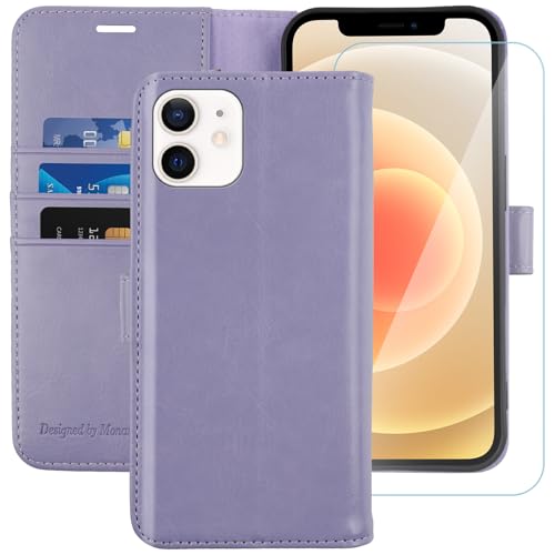 MONASAY Wallet Case Compatible for iPhone 12 mini 5G 5.4-inch,[Glass Screen Protector Included] [RFID Blocking] Flip Folio Leather Cell Phone Cover with Credit Card Holder, Lavenders - color: Lavenders