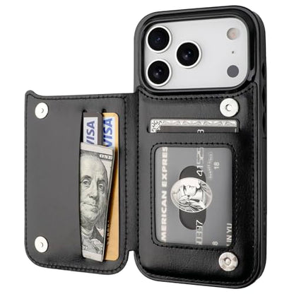 ONETOP for iPhone 17 Pro Wallet Case with Credit Card Holder,Black | Kickstand,ID/Cash Holder,Case Wallet with Card Slots,Double Magnetic Clasp,Durable PU Leather Shockproof Cover for Women Men - color: Black