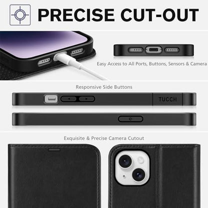 TUCCH Wallet Case for iPhone 14 Plus (6.7") 2022, 4 Card Holders, Black | RFID Blocking, Viewing Stand, Shockproof TPU Shell, PU Leather, Magnetic Closure, Protective Folio Flip Cover - color: Black