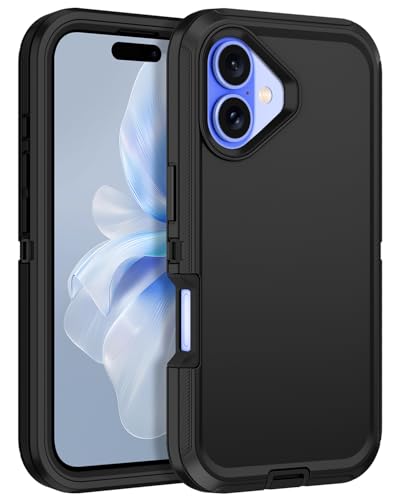 for iPhone 16 Case Heavy Duty Protective Shockproof Dropproof 3-Layer Full Body Protection [Without Screen Protector] Tough Rugged Cover for Apple iPhone 16 6.1 inch 2024,Black - color: Black