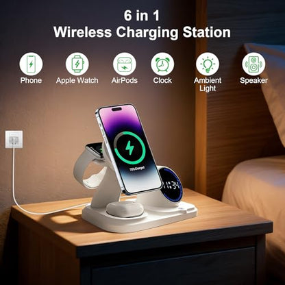 6 in 1 Wireless Charging Station with Bluetooth Speaker Fuction, Charging Stand for Multiple Devices for Apple iPhone 17 16 15 14 13 12 Pro Max Apple Watch Airpods, Digital Clock and Ambient Lights