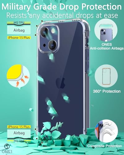 ONES Clear Case for iPhone 15 Plus Anti-Yellowing Crystal Clear Case, Military-Grade Shockproof Slim Transparent Phone Cover with Camera Guard - color: HD High Transparency, size: iPhone 15 Plus