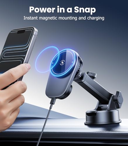 Wireless Magnetic Car Phone Holder Mount with Cooling Fan & RGB Lights, 15W Fast Charging Auto-Rotate Suction Cup Charger for iPhone 17/16/15/14/13 S25 Samsung, Car Dashboard/Windshield Mount - size: Suction cup