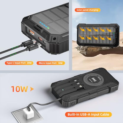 Solar Charger Power Bank 49800mAh Wireless Portable Phone Charger, 22.5W QC3.0 Fast Charging Built in 4 Cables with USB C 6 Outputs & 2 Inputs for All Cell Phone - color: Black